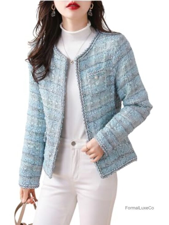 Jackets & Blazers - Elegant Open Front Tweed Blazer Slim Fit Collarless Jacket
